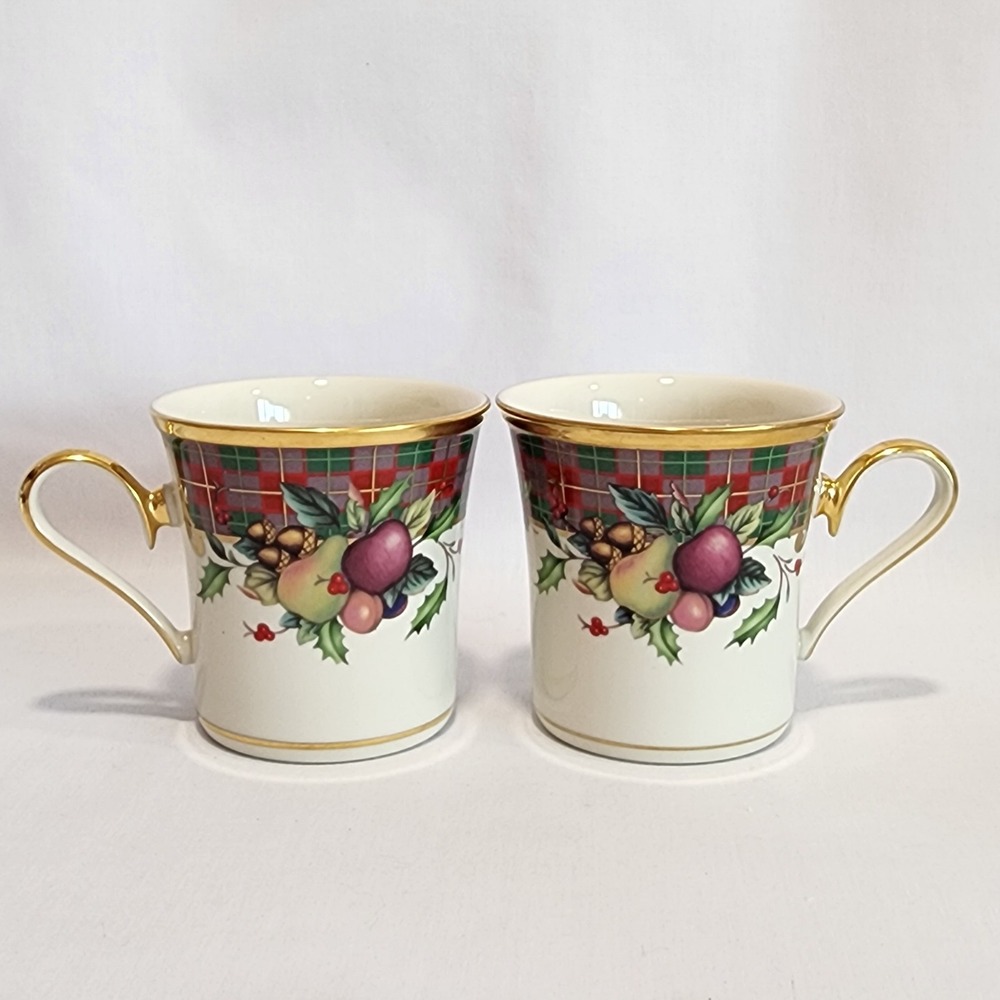 Lenox Holiday Tartan Coffee Mugs Set of 2 Dimension Collection Gold Trim USA